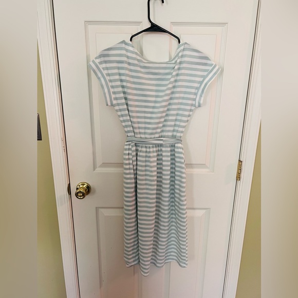 Light Striped Seafoam and White Dress with Tie - Picture 2 of 3
